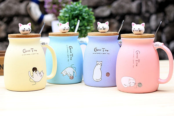 Ceramics Cartoon Kitty Mug With Spoon