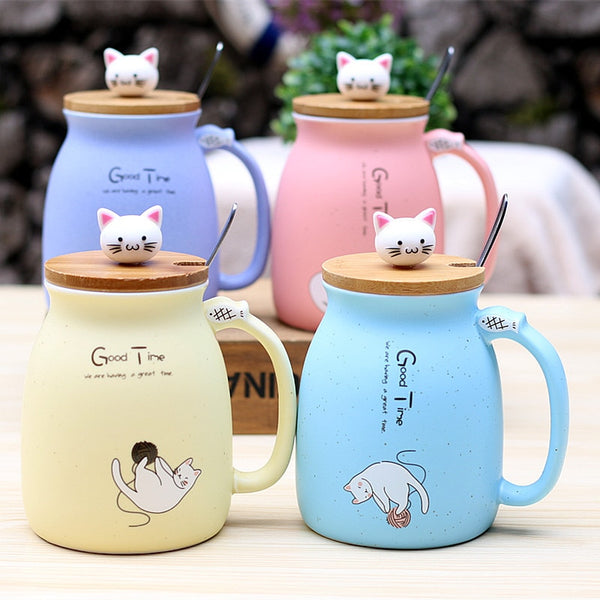 Ceramics Cartoon Kitty Mug With Spoon